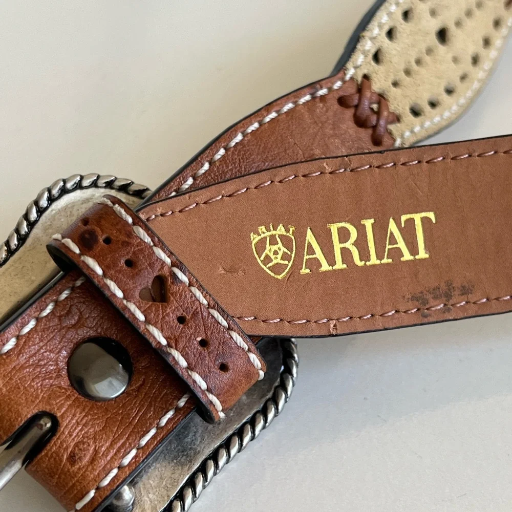 ARIAT Girls Brown Cream Perforated Leather Heart Western Cowgirl Belt Size 24